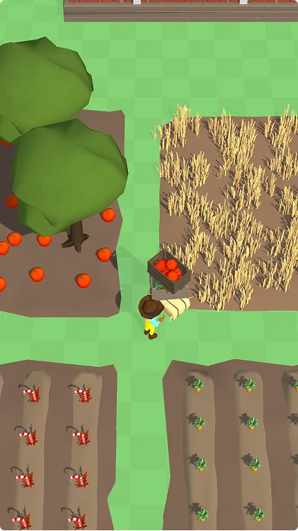 Vue aérienne d'une ferme où un personnage cueille des tomates près d'arbres et de champs de blé. À l'arrière-plan, on aperçoit une grange en bois et un affichage de la monnaie du jeu