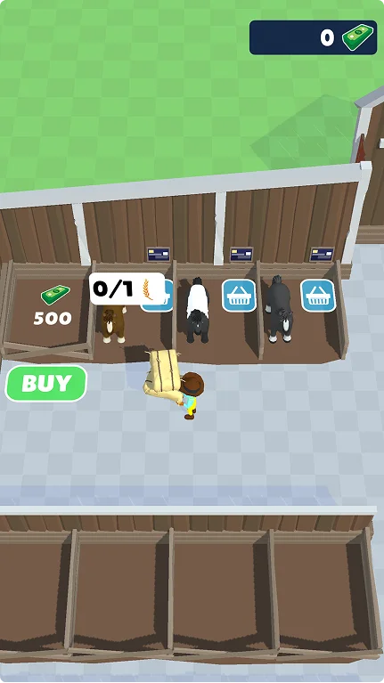 Un personnage vêtu d'une tenue jaune porte un fagot de blé dans une écurie où se trouvent des chevaux bruns. Un bouton « Acheter » propose de l'acquérir pour 500 unités de la monnaie du jeu