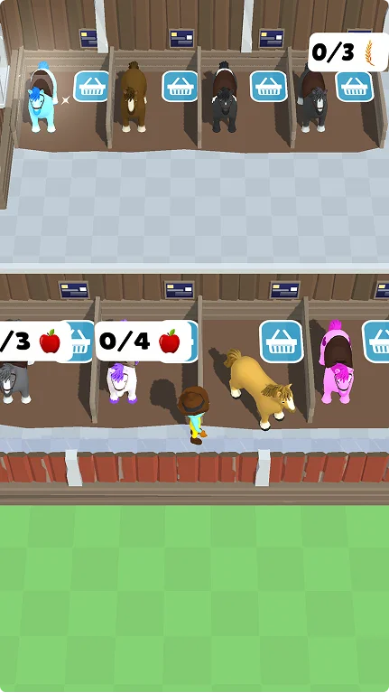 Une image du jeu montrant une écurie avec plusieurs chevaux colorés dans leurs boxes. Un personnage se tient devant, avec au-dessus des icônes indiquant les objets nécessaires et la monnaie disponible