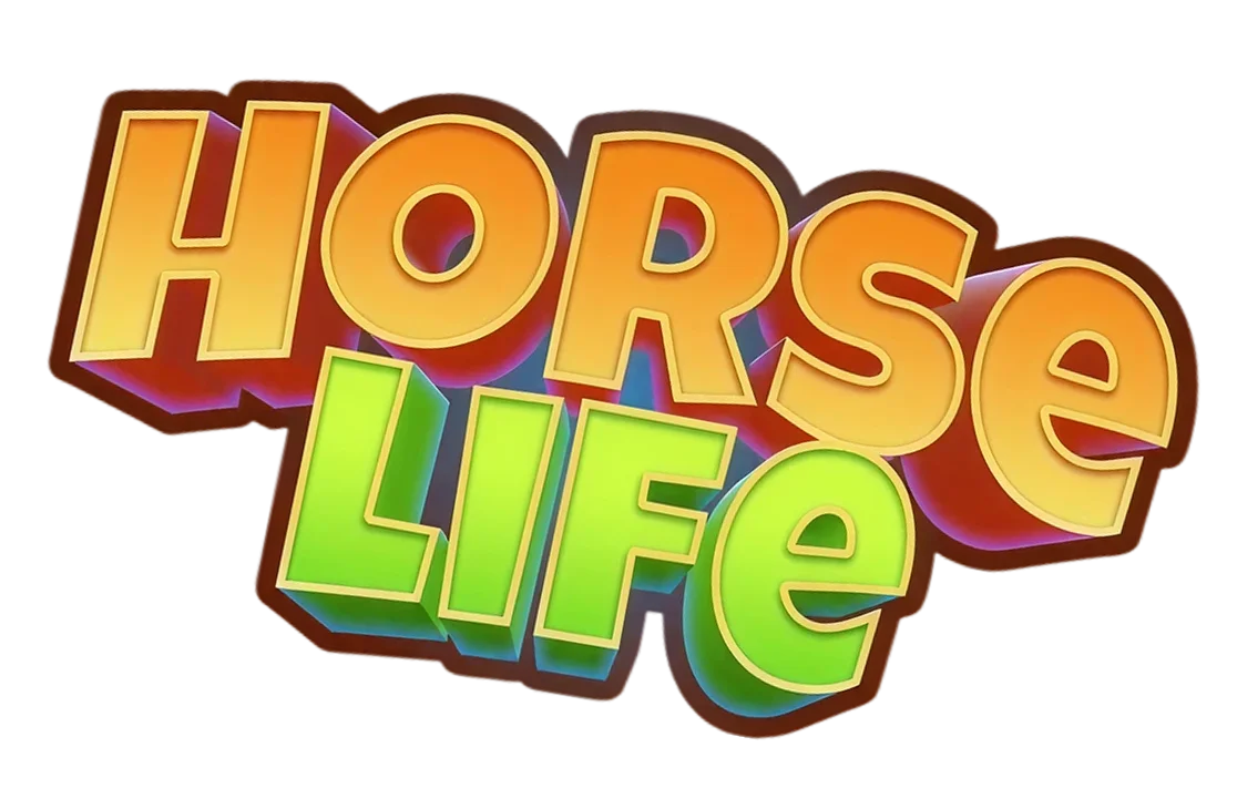 Illustration représentant des chevaux de dessin animé aux couleurs vives qui courent sur un sentier dans une forêt luxuriante. À droite, une scène dans une écurie avec l'inscription « Horse Life »