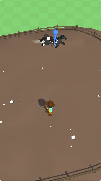 Un bonhomme filiforme chevauche un cheval noir dans un manège en terre battue clôturé. Un cow-boy observe la scène depuis le bas. L'image est ludique et lumineuse, avec un fond à carreaux verts