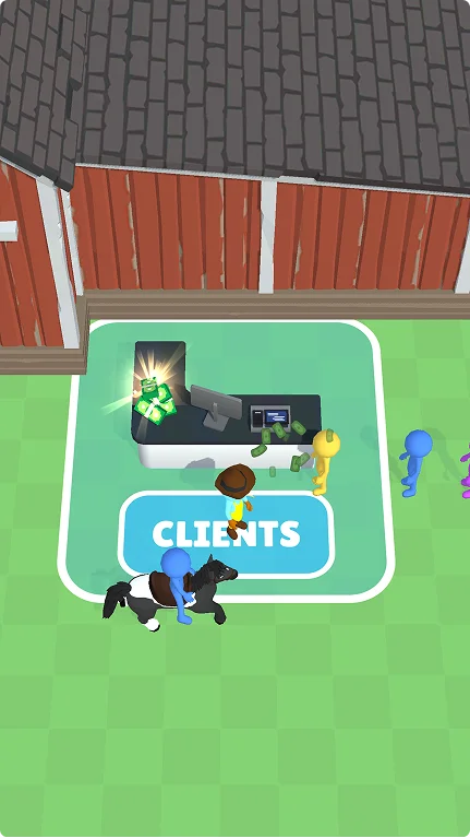 Une scène du jeu montre des personnages de dessin animé en train d'interagir avec un terminal « Clients », près d'une grange. L'un des personnages est à cheval, avec un compteur de monnaie affichant « 1010 » en haut de l'image